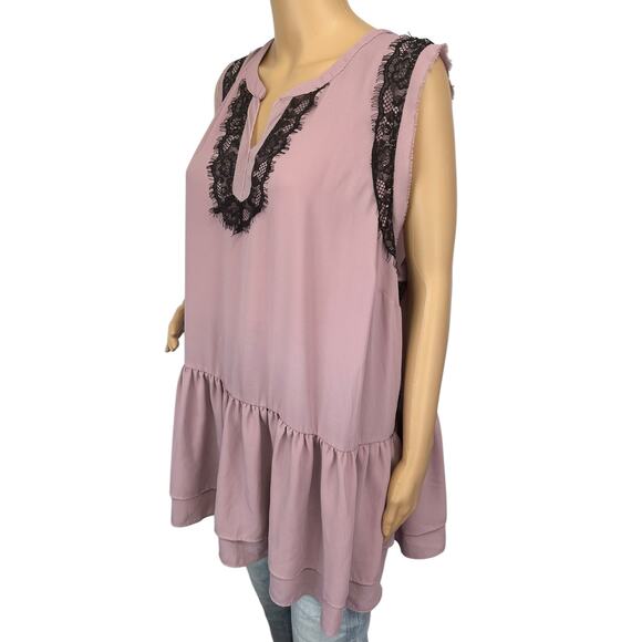 2/$15 Lane Bryant Chiffon Lace Tiered Tunic Top Mauve Sleeveless 3X Plus Size 24 - Picture 3 of 10